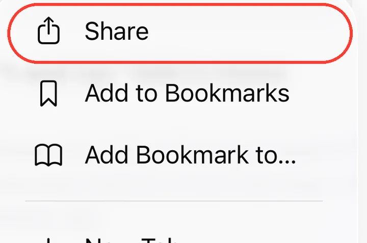 Safari menu with Share circled