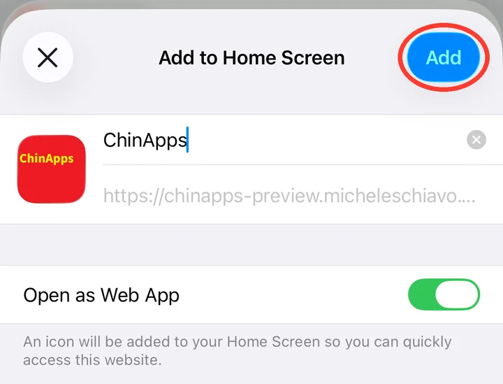 Step 4: Leave Open as Web App on, then tap Add